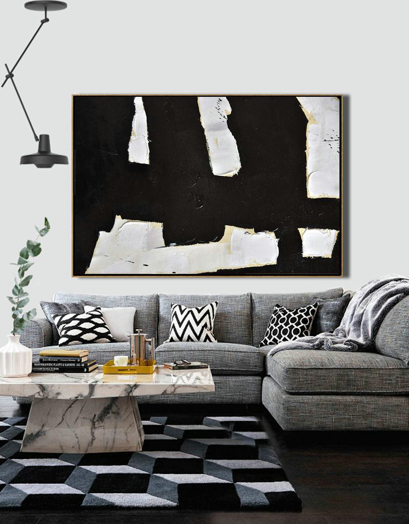 Hand-Painted Canvas Art,Horizontal Palette Knife Minimal Canvas Art Painting Black White Beige - Acrylic Painting Canvas Art
